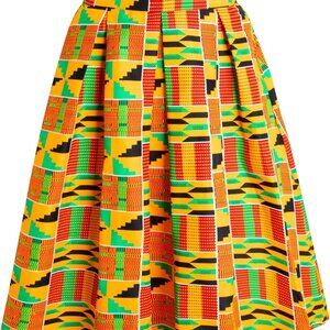 Women's African High Waist Pleated Midi Skirt with Pockets Floral Print